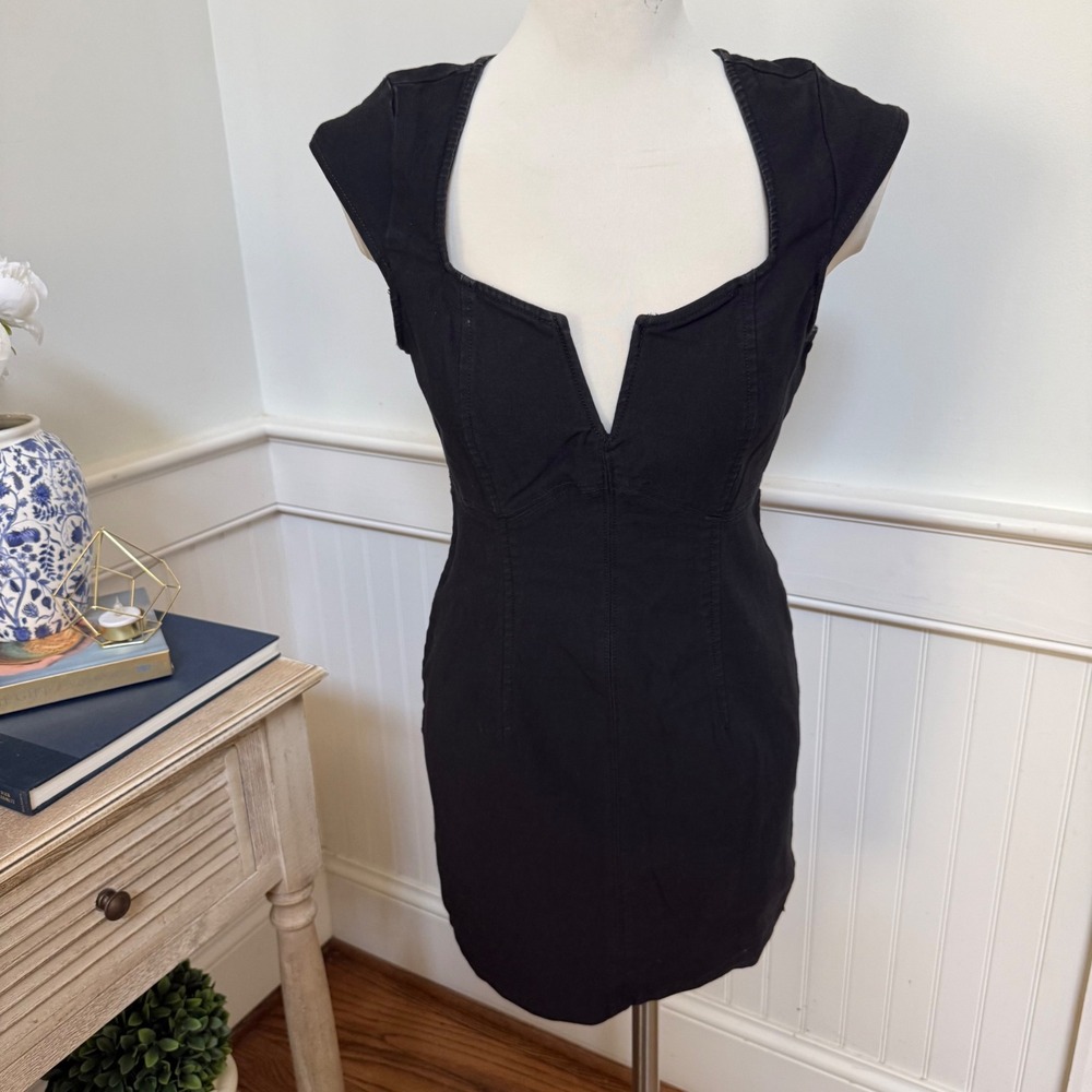Free People Black Lia Denim V-Neck Bodycon Seamed Mini Dress Size S